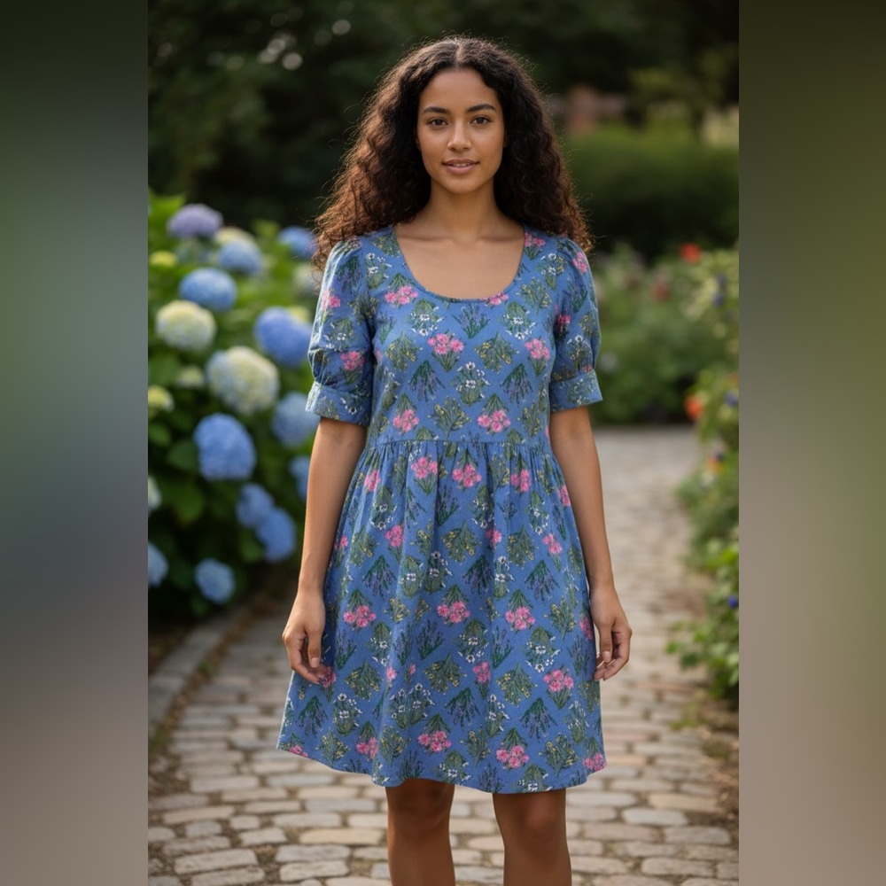 LOFT Cottagecore Blue Floral Midi Dress with Pink & Green Print
